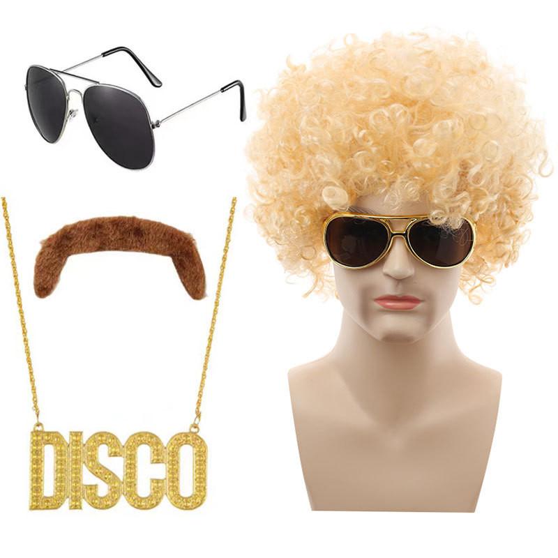 Stilvolles Punk-Perücken-Set mit bunter Disco-Brille und einzigartiger Halskette für Themenpartys