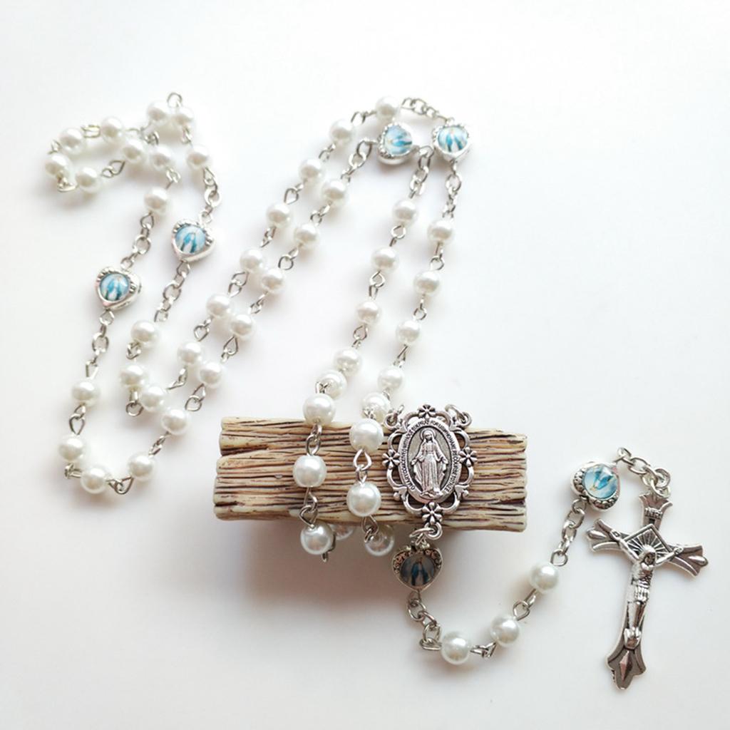 Crucifix Cross-Charm Long Chain Rosary Beads Catholic Necklace for Women Christian Amulet Necklace Religious Jewelry
