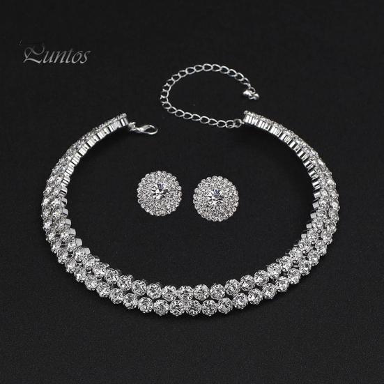 3 Pcs/Set Women Jewelry Set Rhinestone Double-layered Floral Decor Necklace Earrings Bracelet Set Adjustable Length Bride Wedding Jewelry for Prom