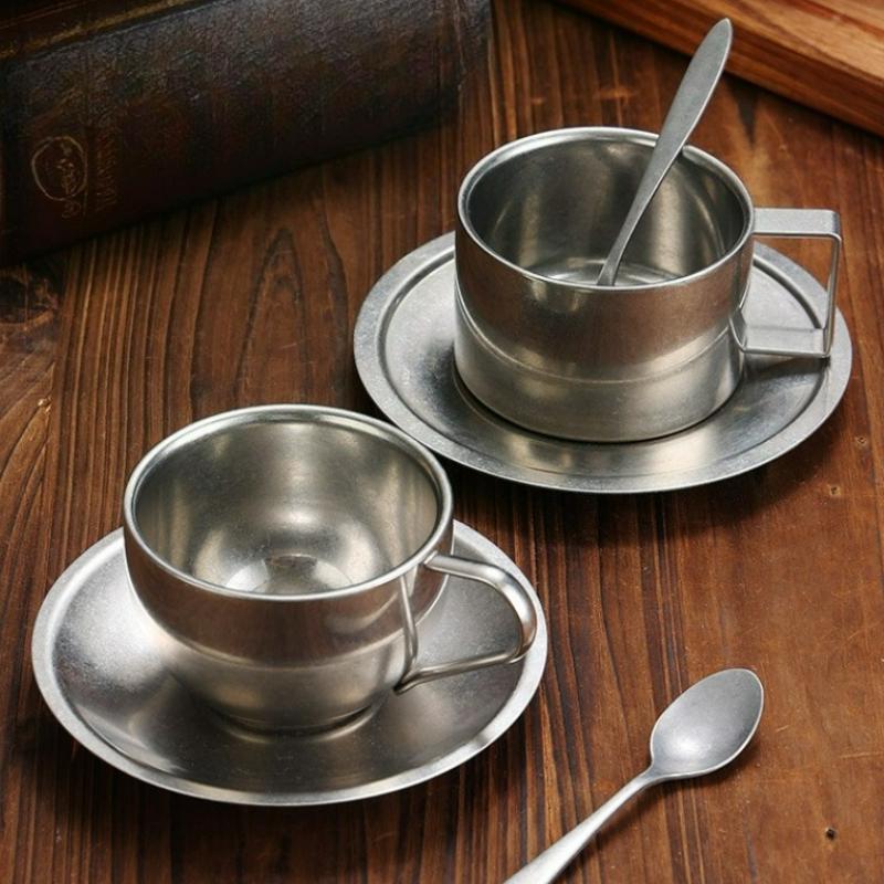 Retro Stainless Steel Coffee Cup Set with Coffee Spoon & Coffee Dish Household Camping Outdoor Latte Milk Tea Cup Set Tableware