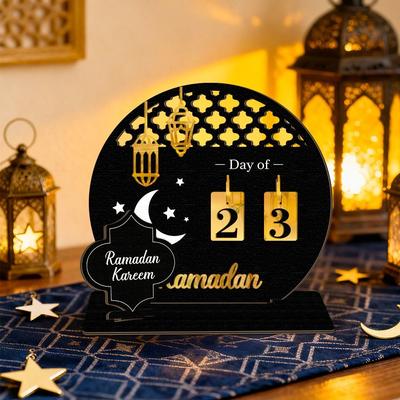 Calendrier Compte à Rebours Ramadan Or Noir Acrylique avec Base en Bois Calendrier de l'Avent Remplacement DIY Décoration Islamique