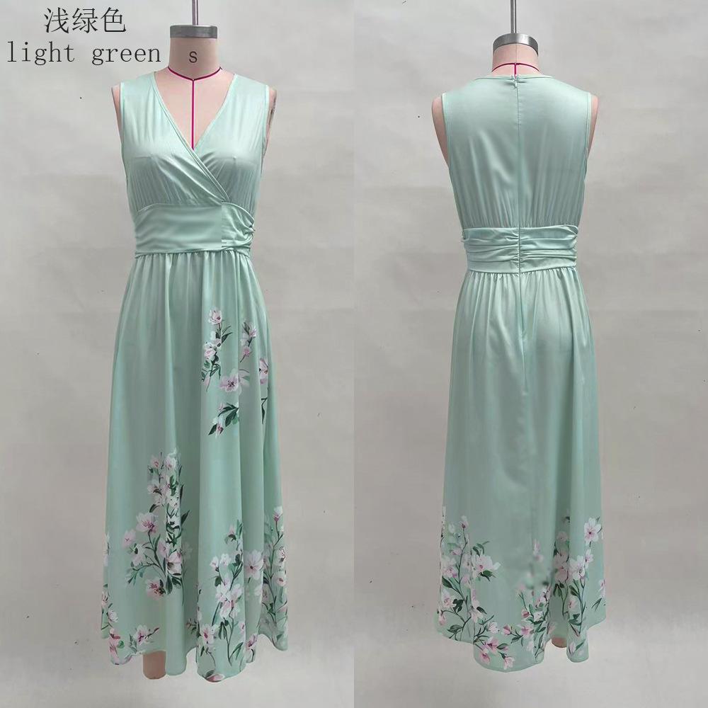 Europäische und amerikanische Damenbekleidung Digitaldruck Blume Langarm V-Ausschnitt Faltenkleid Damen langes Kleid