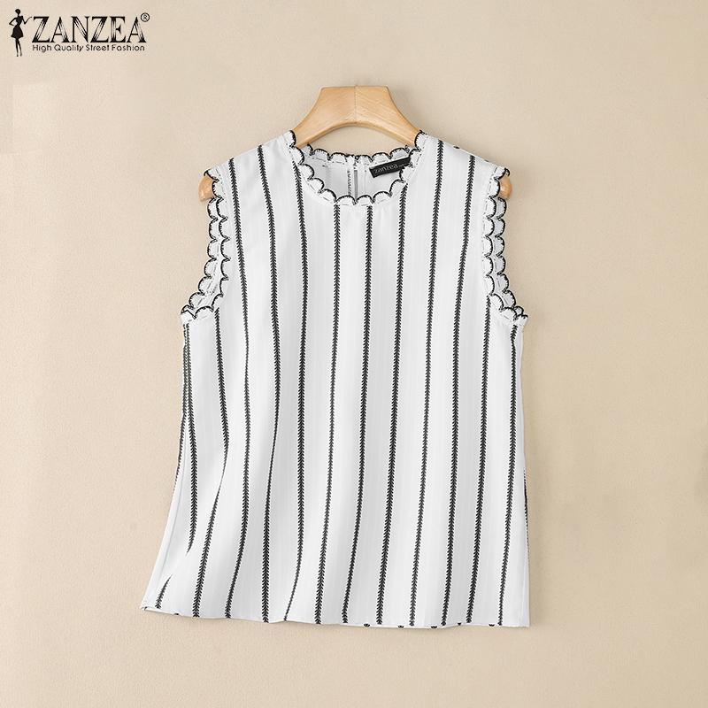 ZANZEA Women Casual Round Neck Stripe Summer Sleeveless Tank Tops