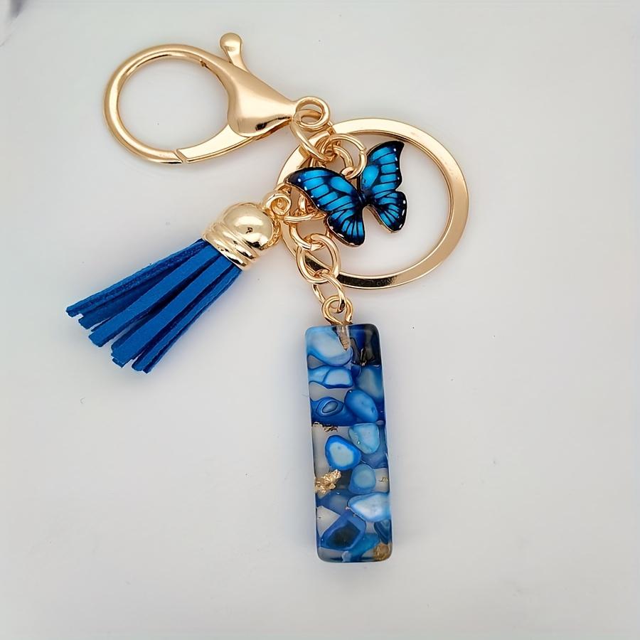 1pc Custom Blue Alphabet Letter Keychain with Butterfly Pendant Resin Ladies Key Ring with Tassel - Elegant Accessory for Bags Backpacks