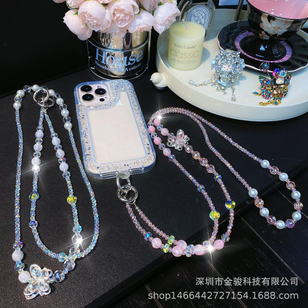 Long Phone Chain Crossbody Alloy Butterfly Zircon Pendant High-End Beaded Chain Crystal Bead Strap