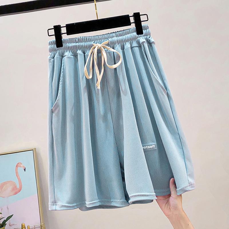 

Большие размеры Ice Silk Thread эластичная талия широкие штанины свободные утягивающие спортивные шорты Five Point для женщин лето L синий