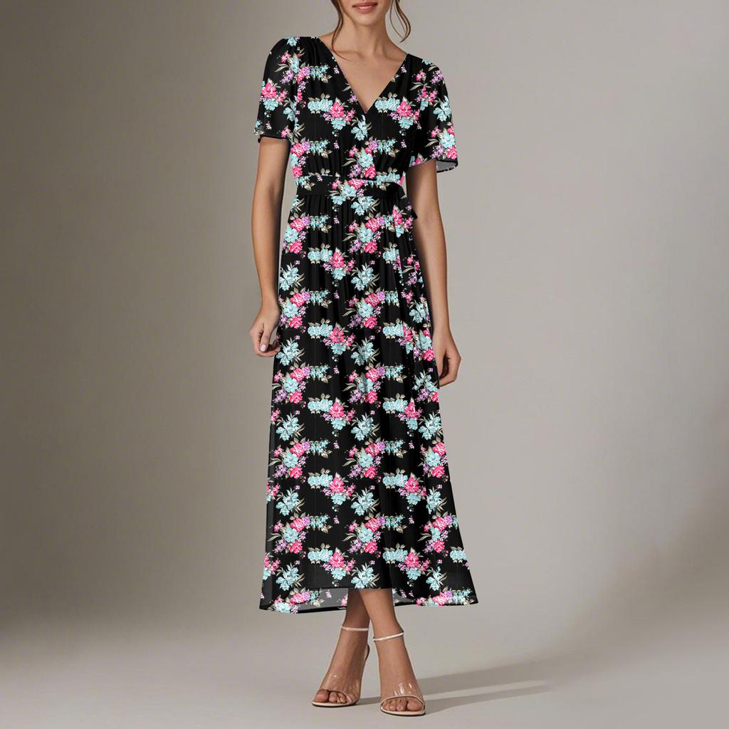 Women's Summer Floral Bohemian Dress Wrap V Neck Short Sleeves Ruffle A-Line Flowy Maxi Dress Summer Dresses For Women