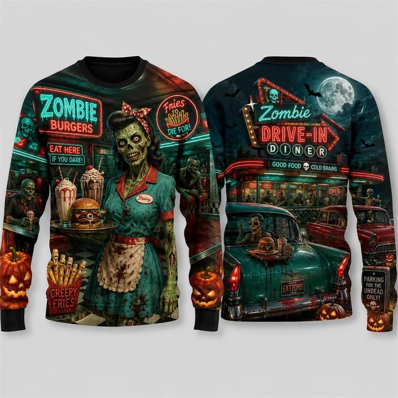 New Autumn 2026 Skeleton Surfing Motel Hoodie Men's Halloween Printed Polyester Round Neck Long Sleeve Horror Street Leisure