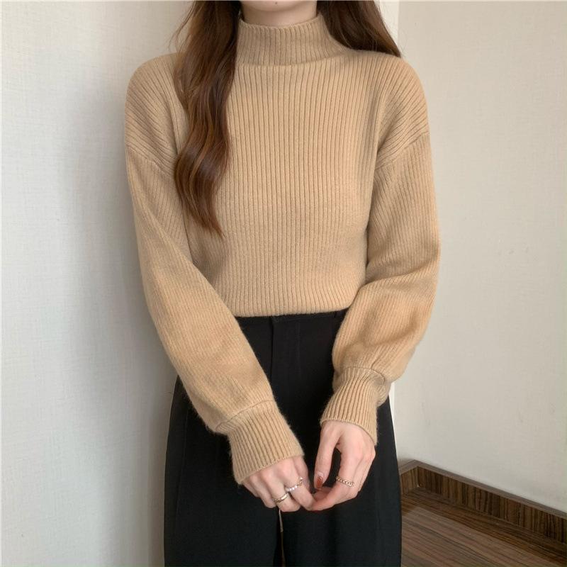 Half Turtleneck Sweater for Women Loose Solid-color Knitted Sweater for Autumn and Winter Casual Long-sleeved Pullover