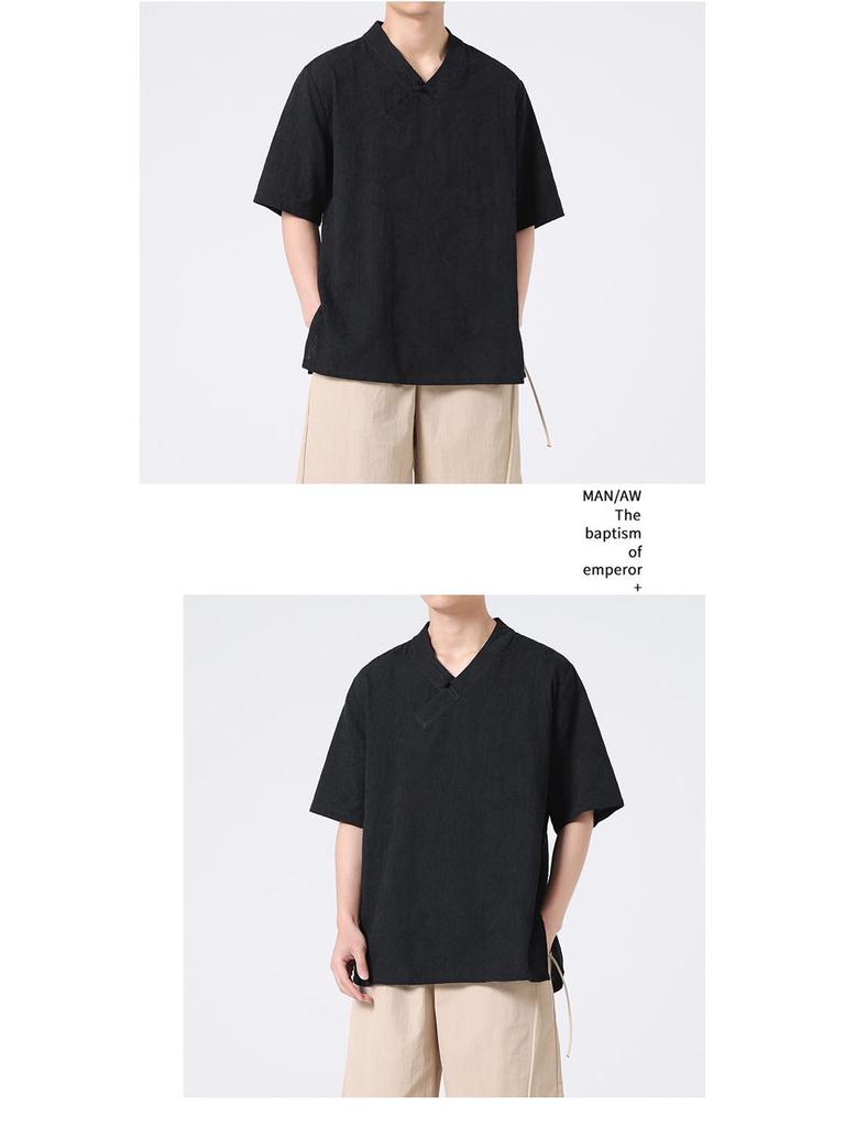 Pánské letní bavlněno-lněné tričko s krátkým rukávem na knoflíky žabky – Nadměrná velikost, čínský styl Hanfu