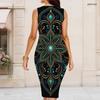 Women Plus Size Round Neck Sleeveless Black Printed Bodycon Midi Dress