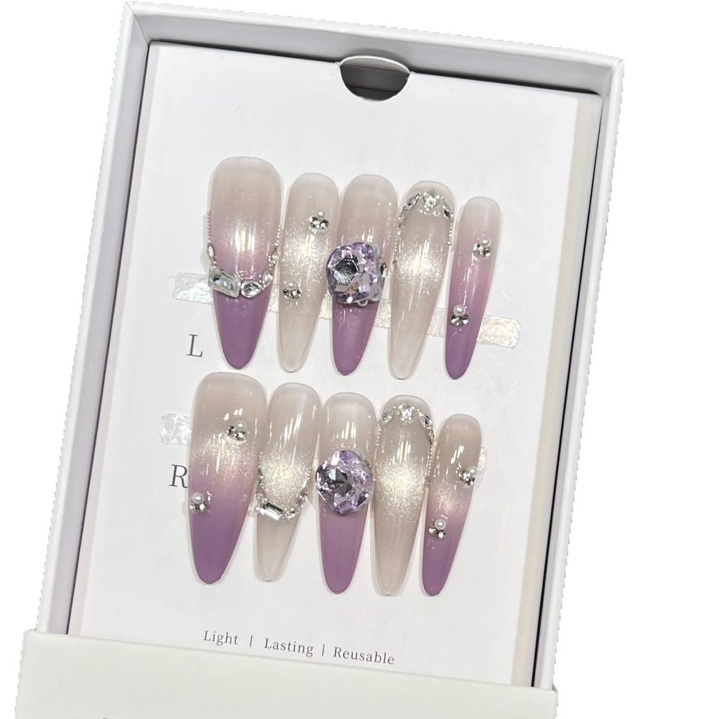 Pure Hand-wearing Armor High-end Purple French Cat Eye Flash Zircon Crushed Diamond Nail Art Fake Nail