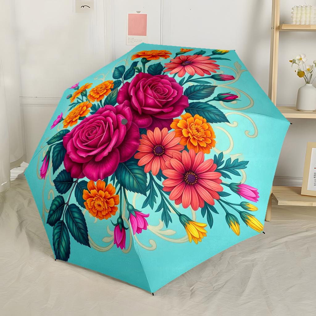 Spring Basket Of Flowers Compact Travel Automatic Umbrella Folding Umbrella with 8 Ribs Compact Design All-Season Umbrella for Travel