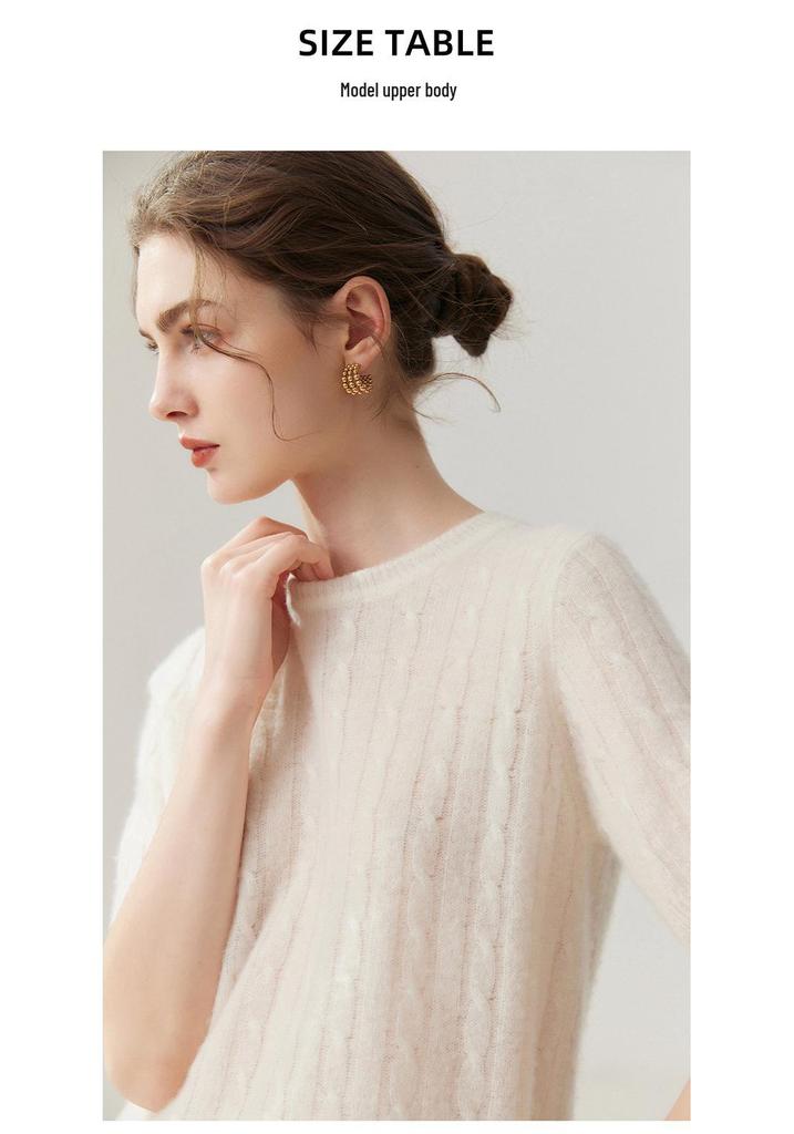 Lekasha 100% Pure Cashmere Short-Sleeve Round-Neck Pullover.