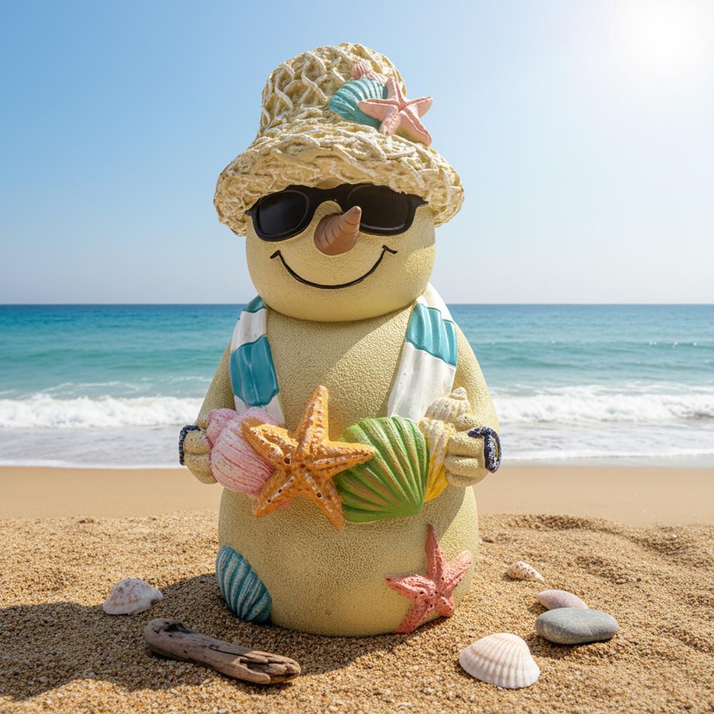 Christmas Beach Snowman Decor 18cm Ocean Theme Resin Ornament with Seashells for Holiday Tabletop Gift Display