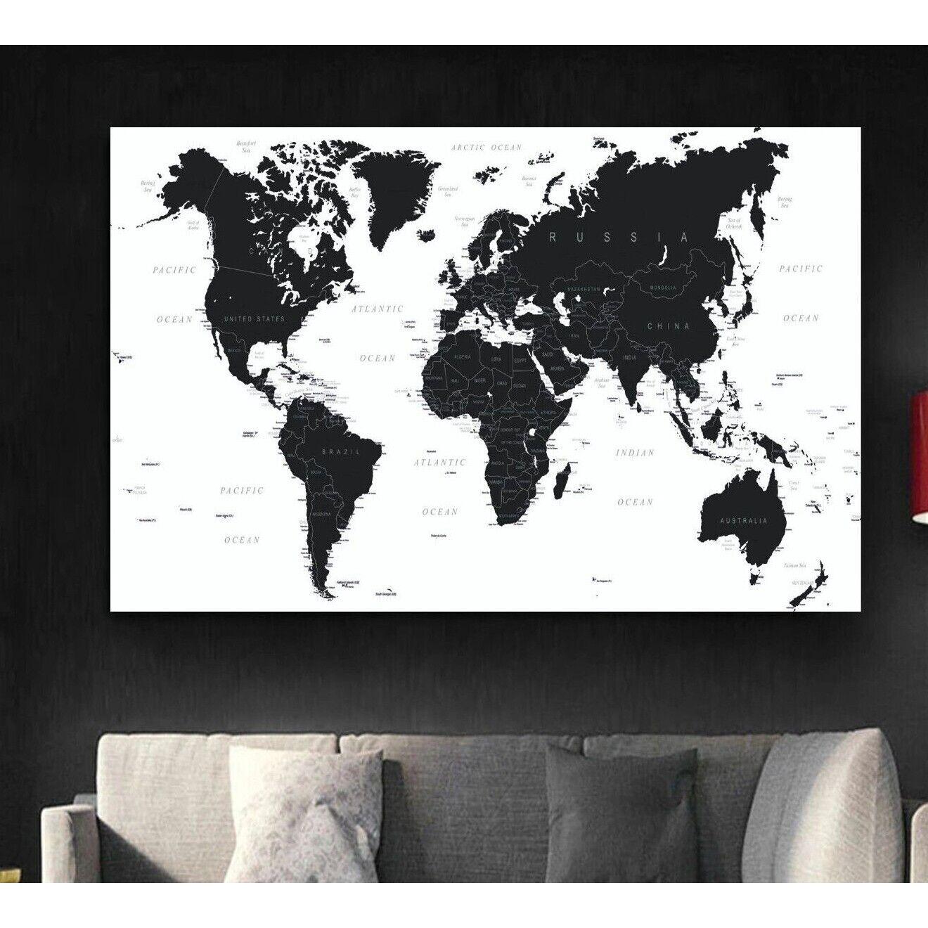 Black and white world map tapestry 75x100