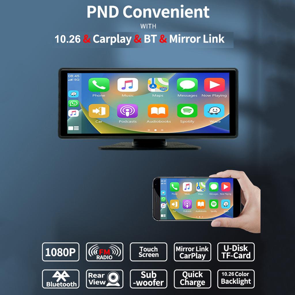 10.26 Inch Touchscreen Car Multimedia Player Wireless Portable Car Stereo with Apple CarPlay/Android Auto With AUX Bluetooth