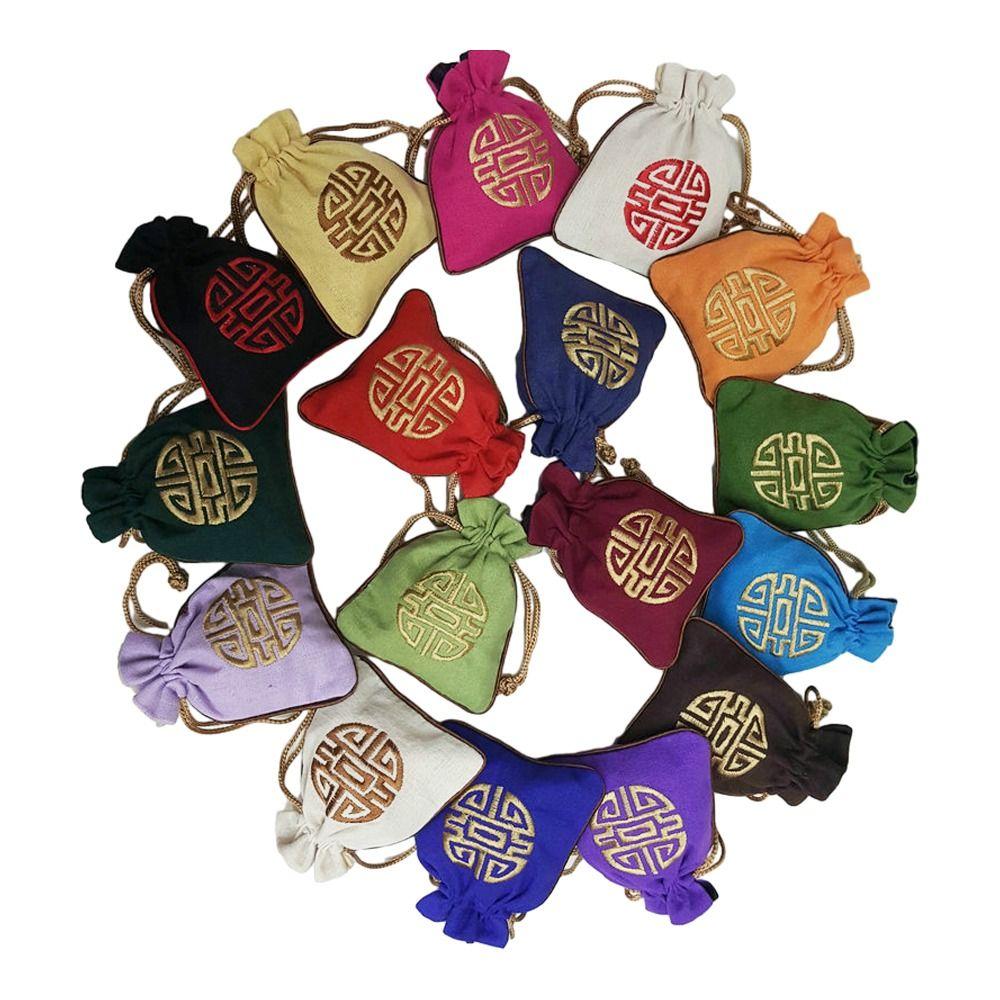 Pure Color Embroidery Drawstring Bag Canvas Festive Sugar Bag Retro Small Linen Handbag  Daily