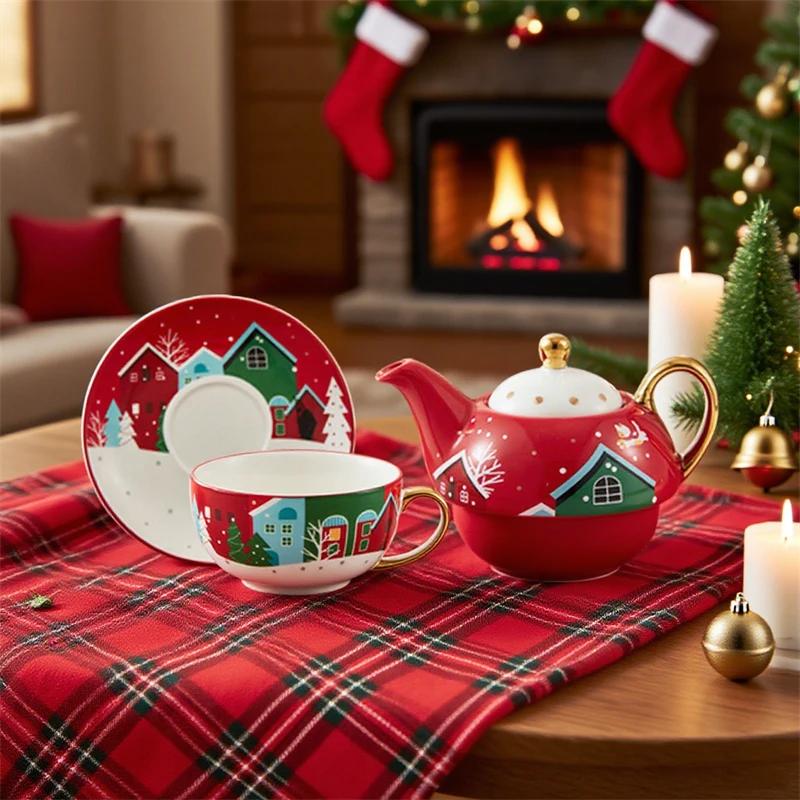 Christmas Theme Ceramic Teaware Set Teapot Tea Cup Xmas Party Afternoon Tea Mug Gold Plated Handle Coffee Cup &saucer Xmas Gift