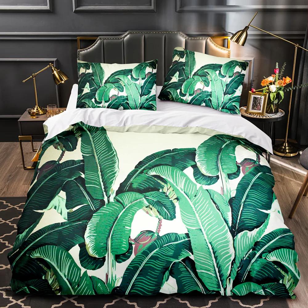 Tropical Plants Floral King Queen Duvet Cover Green Palm Leaves Bedding Set Cream-colored Flowers 2/3pcs Polyester Quilt Cover