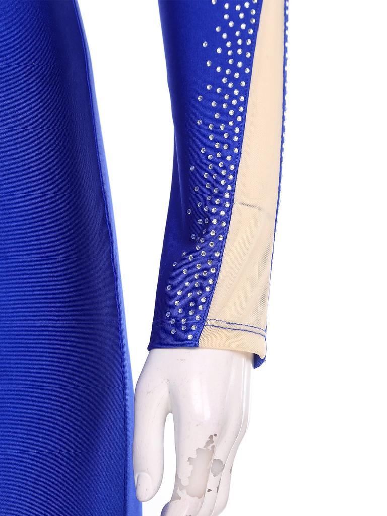 Womens Sparkle Rhinestone Dance Gymnastics Leotard Mock Neck Long Sleeve Long Pants Jumpsuit