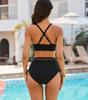 Maillots de bain pour femmes Noir Maille Épissure Cordons de serrage Taille haute Ensemble de maillot de bain Ensemble bikini Vêtements de plage Maillots de bain