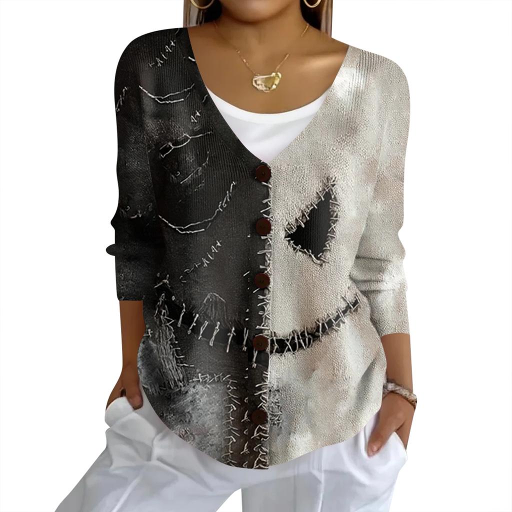 Women's Fashion Casual Knit Sweater Button-Up Halloween Printed  Cardigan Jacket