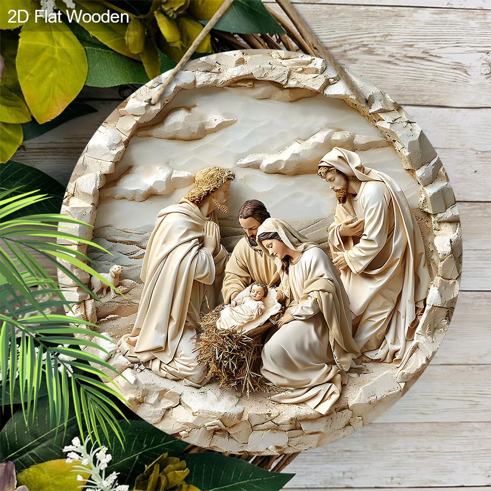 Nativity Scene Wooden Sign, The Son of God Round Sign for Front Door Wall Hanging Decor, Ideal Christmas Ornament
