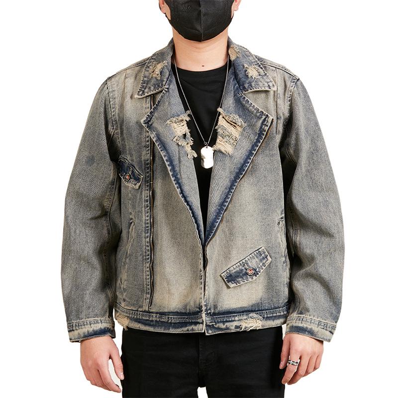 Men's Plus Size Retro Denim Jacket with Turn-Down Collar and Multi-Pockets for Spring