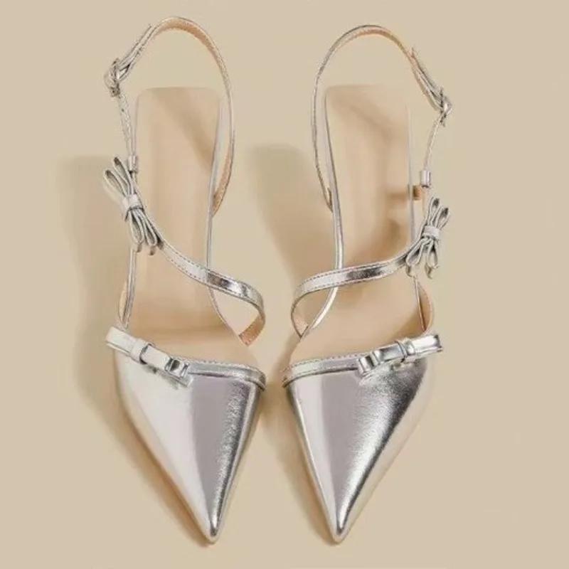 Women's Baotou Sandals  Summer New Pointed Toe Shallow Bow Temperament with Skirt Stiletto Wear High Heels Outside