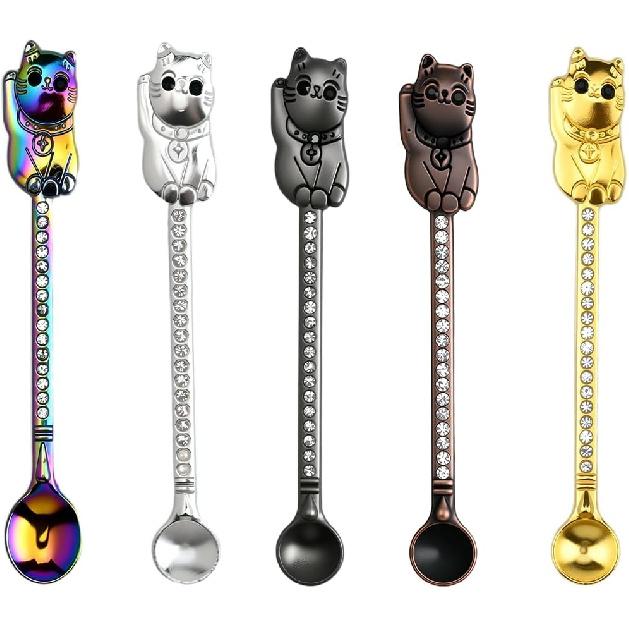 5 Colors Mini Cat Spoons, Tiny Metal Spice Spoon Tea Spoons, Small Spoon Charms for DIY Craft Keychain