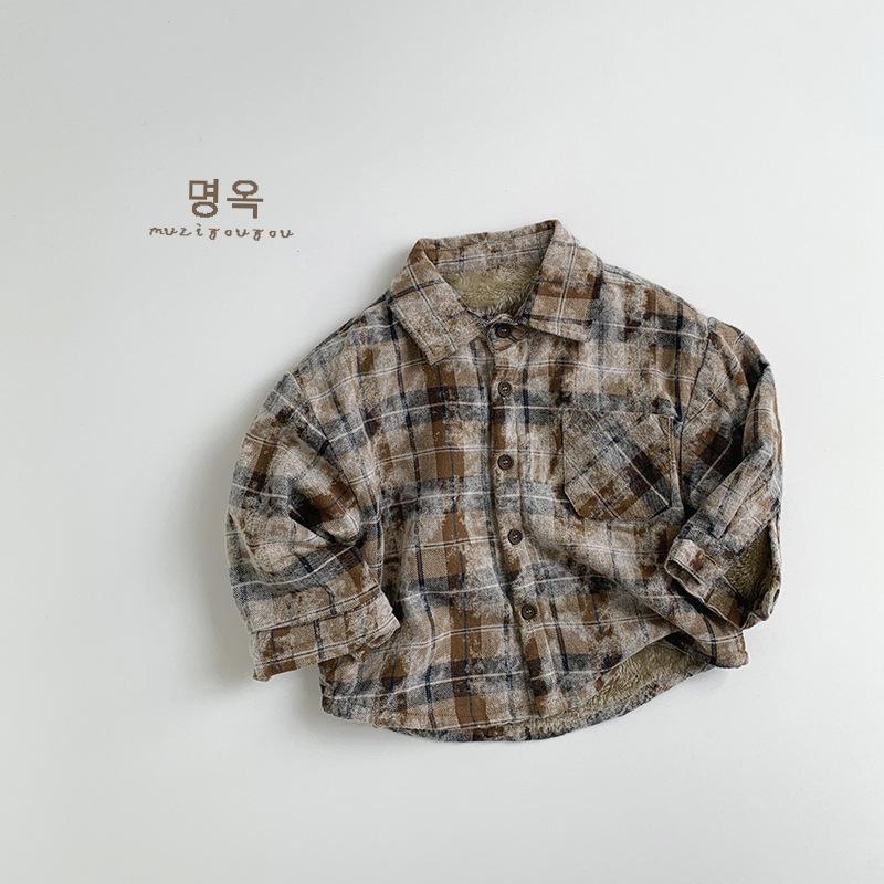 Toddler Kids Plaid Fleece Lined Warm Long Sleeve Casual Shirt For Boys And Girls