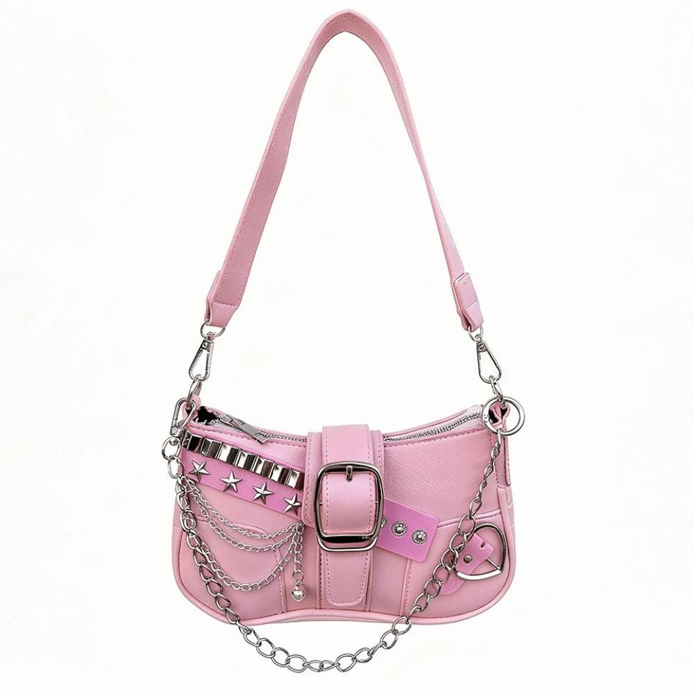 

Vintage Y2K Shoulder Bag PU Leather Silver Chain Underarm Bag Commuting Handbag Women рожевий