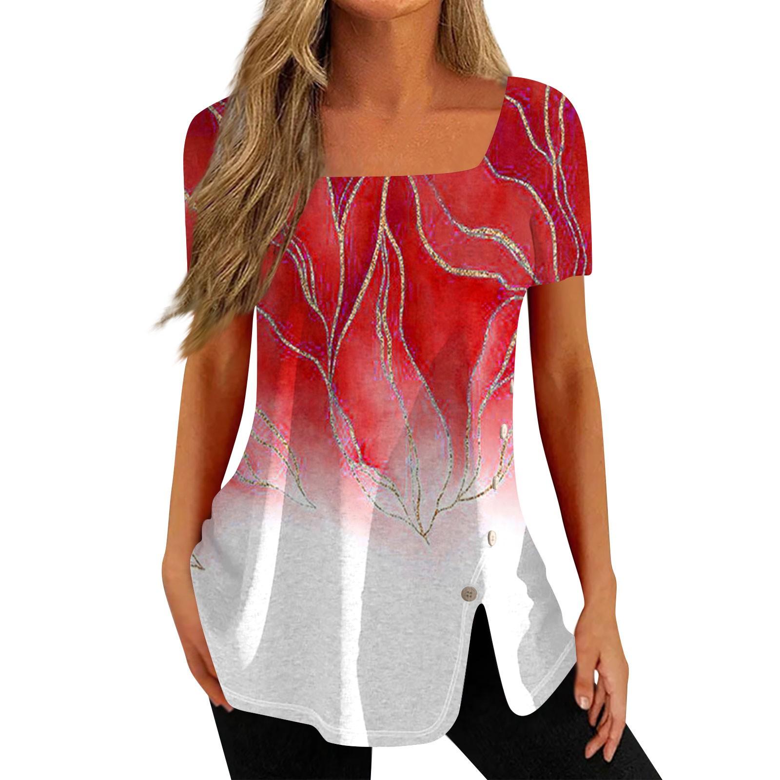 

(SU)Women s Short Sleeve T-shirt Printed V-neck Imitation Cotton Top