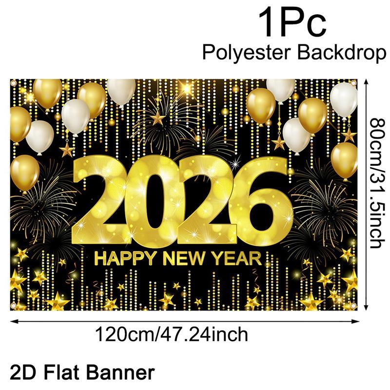 2026 Happy New Year Backdrop Banner Fireworks Black Gold New Year Celebrations Christmas Party Photo Background Decoration Gifts