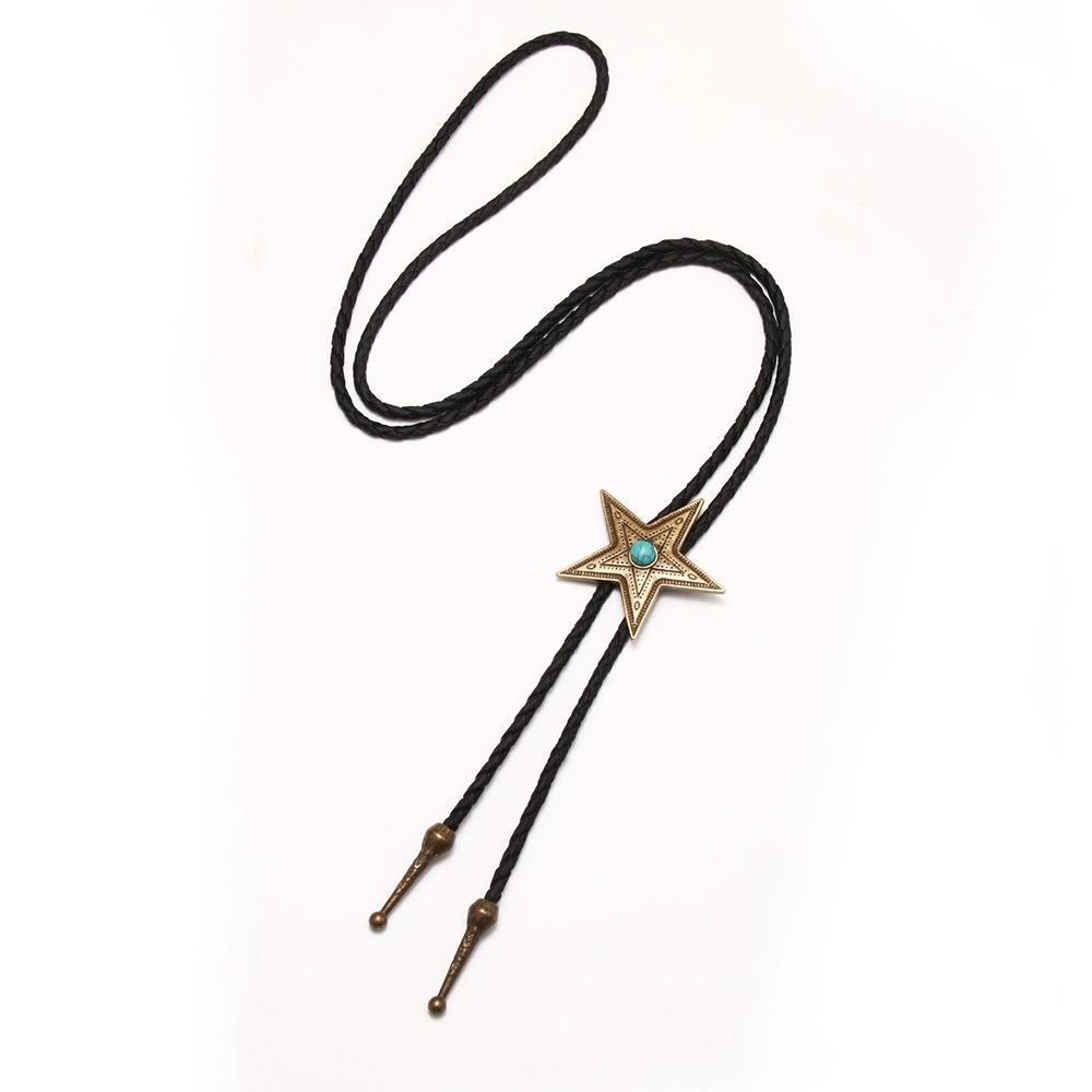 Boho Five-pointed Star Bolo Tie PU Woven Bronze Butterfly Choker Turquoise Feather Necklace  Men