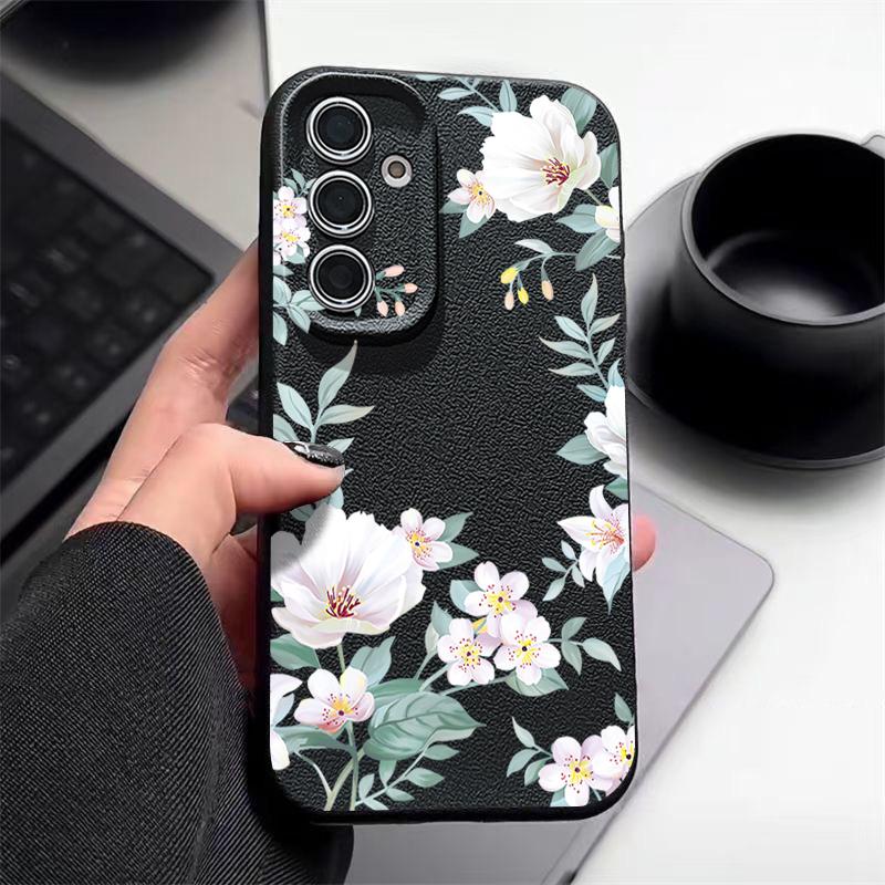 Simple Floral Pattern Shockproof Soft Case For Samsung S25 Ultra S24 FE S23 S22 A56 A16 A36 A15 A55 A35 A54 Leather Texture TPU Matte Slim Phone Cover