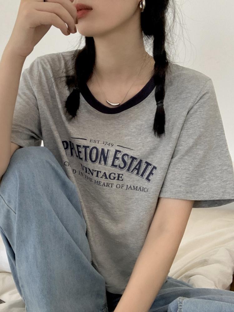 O-Neck Retro Print Tshirt Women Short Sleeve Tee Casual Tank Tops Color-Blocking Crop Top Ladies Summer T Shirt Y2k Streetwear