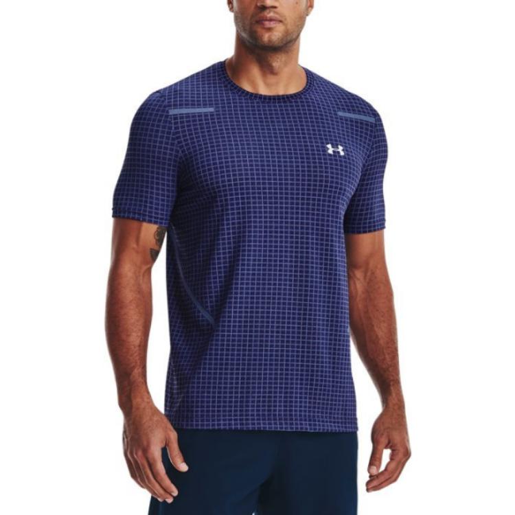 Under Armour T-shirt da allenamento a quadri senza cuciture, girocollo, manica corta, da uomo, top blu 1376921-468