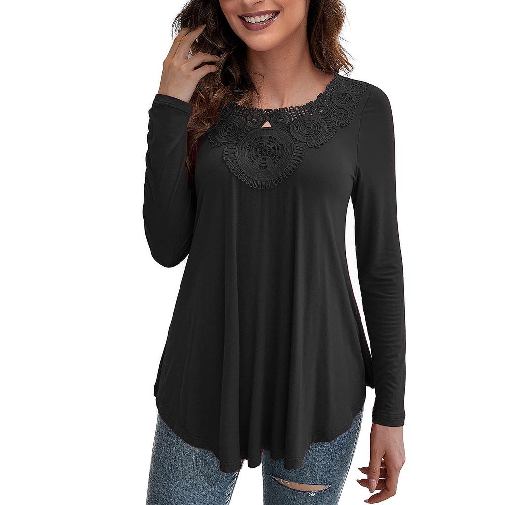 Fashion Women's  Long Sleeve Round Neck Lace Loose Soft Comfortable Elastic Tops