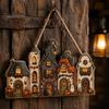 Halloween Door Sign 2D Wooden Hanger Sign, Pumpkin Ghost Vintage Town Building Welcome Rustic Seasonal Wall Plaque with Hanging Rope, Front