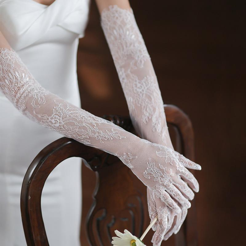 Tulle Bridal Wedding Elbow Opera Party Costume Accessories Thin Transparent Hollow Out White Long Lace Sexy Mesh Eyelash Gloves