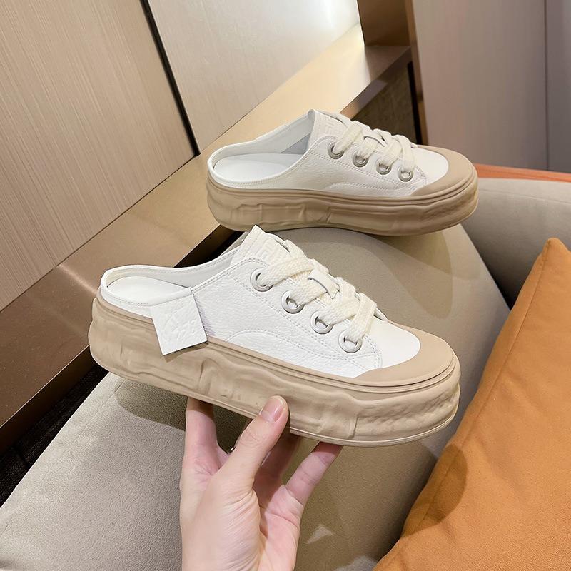 Leather Bag Head Half Slippers Women's Summer New Biscuit Sole Dissolved Half Tray Shoes Without Heel One Pedal White Shoes