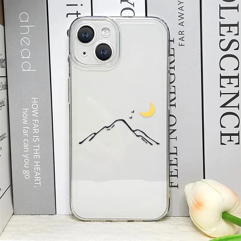 Line Mountain Scenery Phone Case for IPhone 16 Pro Max 11 12 13 Mini XS MAX X 7 8 14 15 Plus Cases Simple Sun Moon Couples Cover