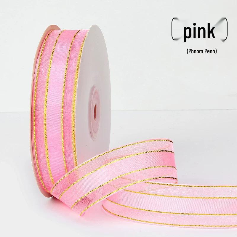Gold-Edged Silk Mesh Ribbon for Cake and Gift Box Packaging with Plain Color Center