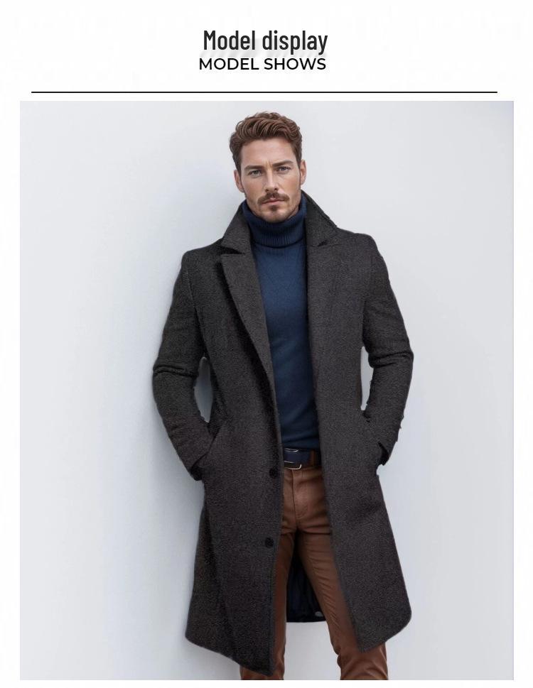 2025 European Men's Woolen Mid-Length Single-Breasted Fashion Overcoat