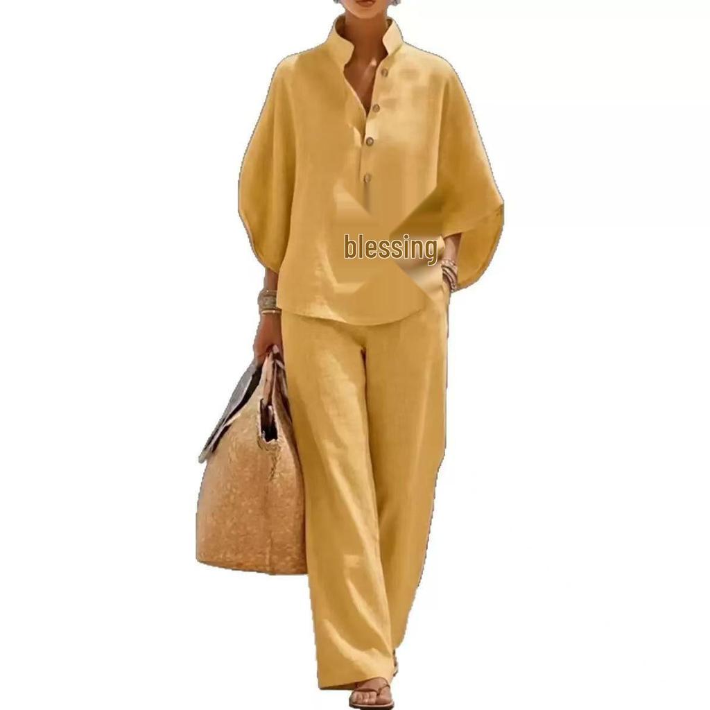2025 Women's Spring Fashion Solid Color Lapel Shirt & High-Waisted Pants Set