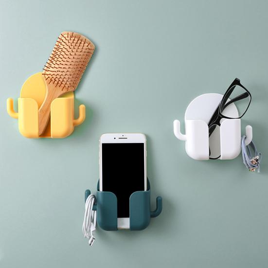 Soporte de pared para teléfono, autoadhesivo, sin perforaciones, antideslizante, carga, caja de almacenamiento multifunción con percha para sala de estar
