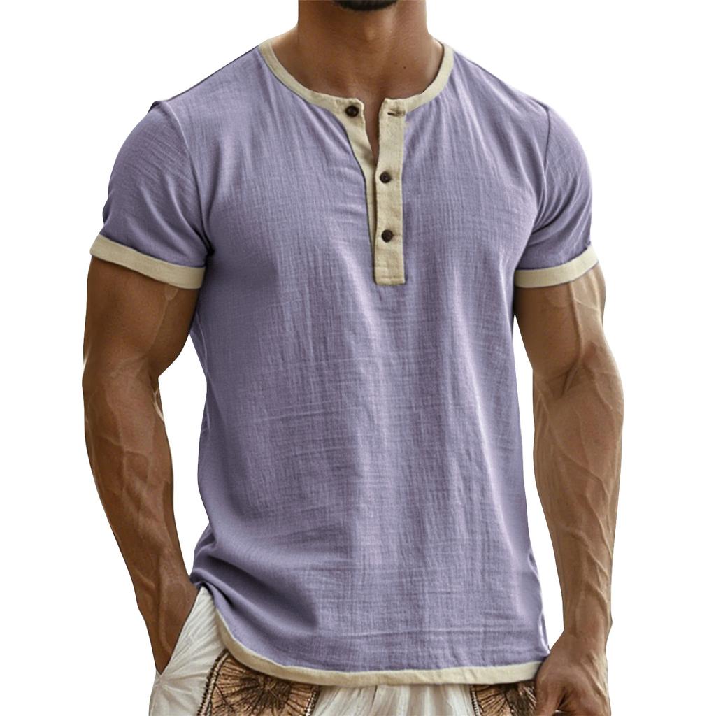 Men's Breathable Solid Color Pleated T-shirt Men's Casual Contrast Color Short Sleeve T-shirt
