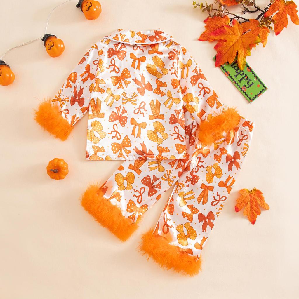 2025 Furry Halloween Pajama Set with Bowknot & Pumpkin Print - Two-Piece Turn-Down Collar Homewear